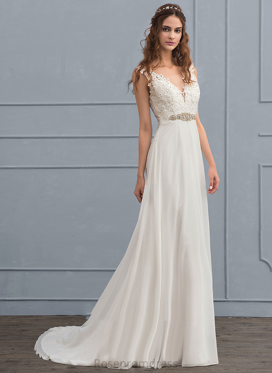 Chiffon Wedding Dresses Beading Court Train Sequins Dress A-Line Kaitlynn With Lace V-neck Wedding