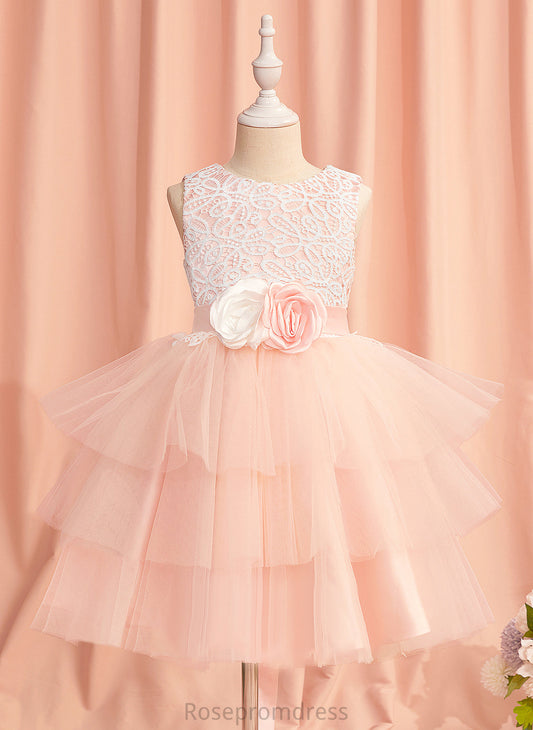 Flower Girl Dresses Lace/Flower(s)/Back Knee-length Dress Hole Satin/Tulle With Ball-Gown/Princess - Scoop Flower Girl Sleeveless Cloe Neck