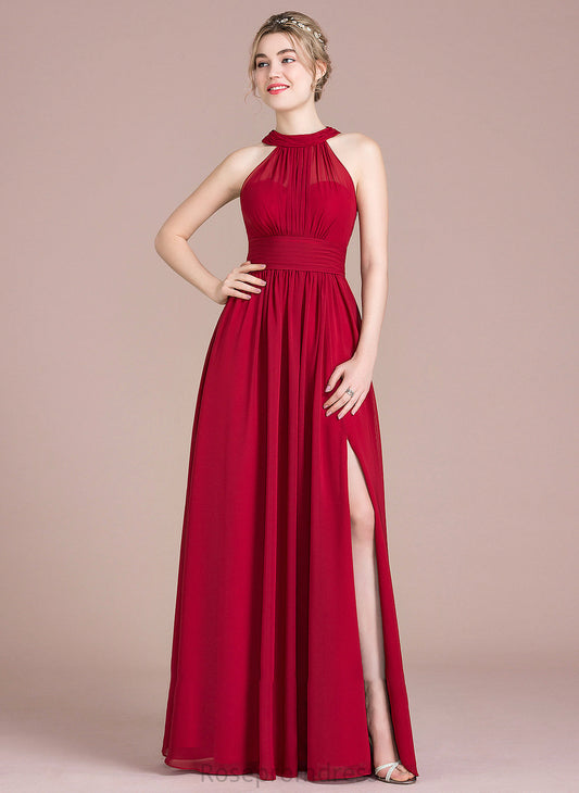 With Prom Dresses A-Line Bow(s) Floor-Length Split Front Neck Ruffle Chiffon Amina Scoop