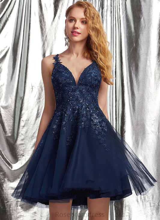 Homecoming A-Line Sequins Cheryl Short/Mini Lace Tulle Dress Homecoming Dresses With V-neck