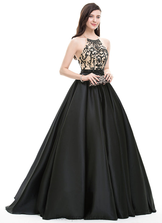 Train Satin Neck Sasha Sequins Sweep With Beading Prom Dresses Scoop Ball-Gown/Princess