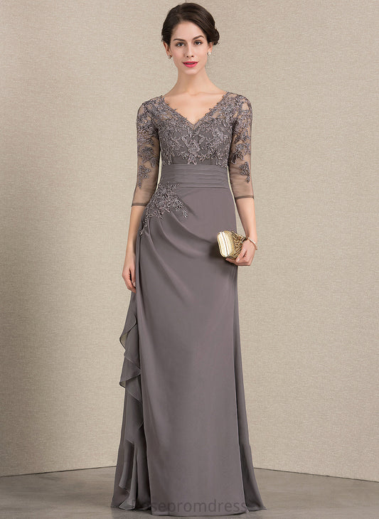 Cascading Mother Bride Ruffles A-Line Lace With V-neck the Chiffon Dress Floor-Length Mother of the Bride Dresses Sam of