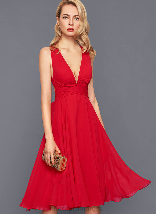 Dress V-neck Chiffon Carolina Cocktail Dresses Knee-Length Cocktail With Bow(s) A-Line Ruffle