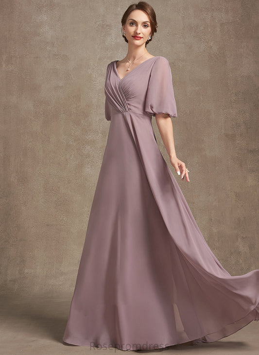 Floor-Length Mother Dress the of Ruffle A-Line V-neck Bride Chiffon Mother of the Bride Dresses With Emely