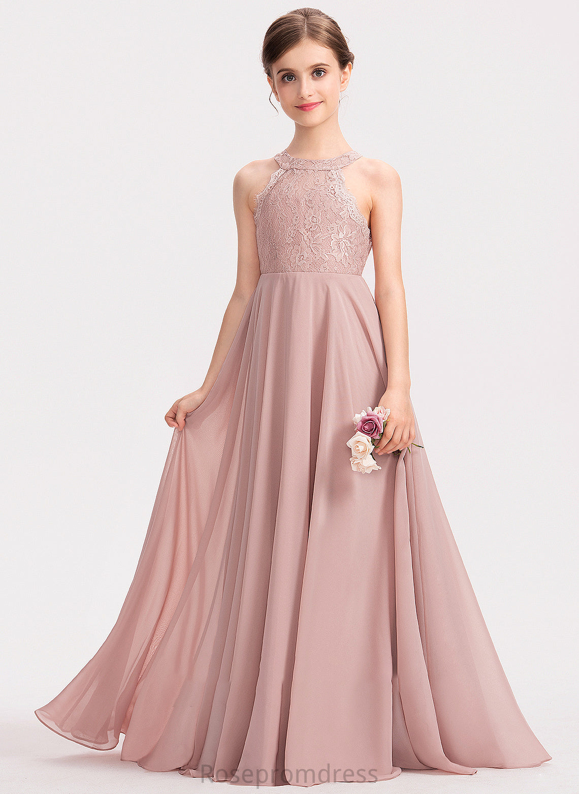 Junior Bridesmaid Dresses Chiffon Floor-Length Scoop Winifred Neck A-Line Lace