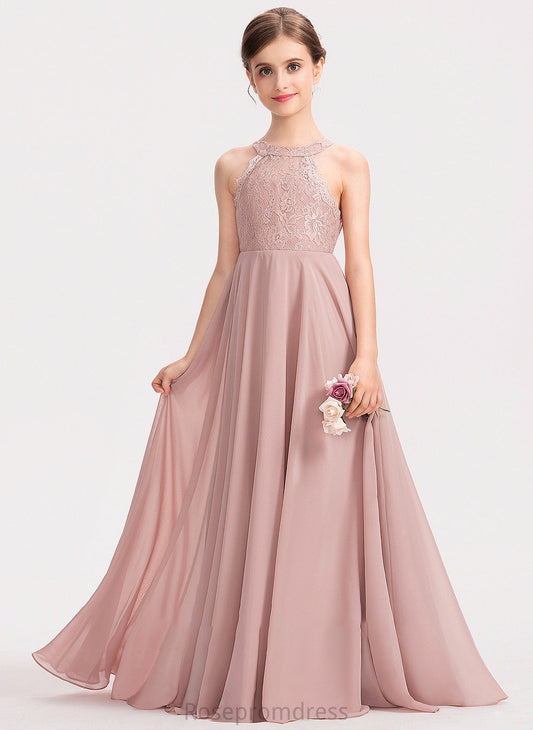 Junior Bridesmaid Dresses Chiffon Floor-Length Scoop Winifred Neck A-Line Lace