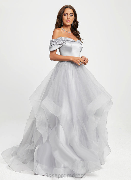 Izabelle Train Tulle Off-the-Shoulder Ball-Gown/Princess Satin Prom Dresses Sweep