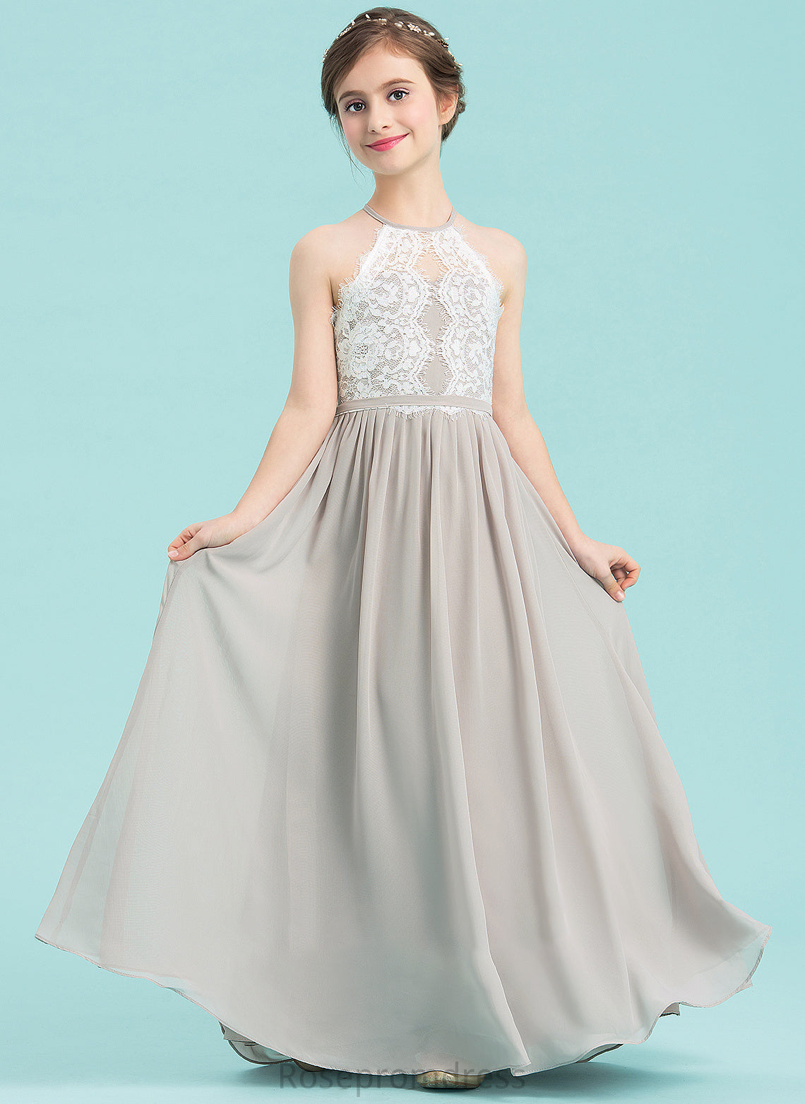 Scoop Junior Bridesmaid Dresses Sidney A-Line Chiffon Floor-Length Neck