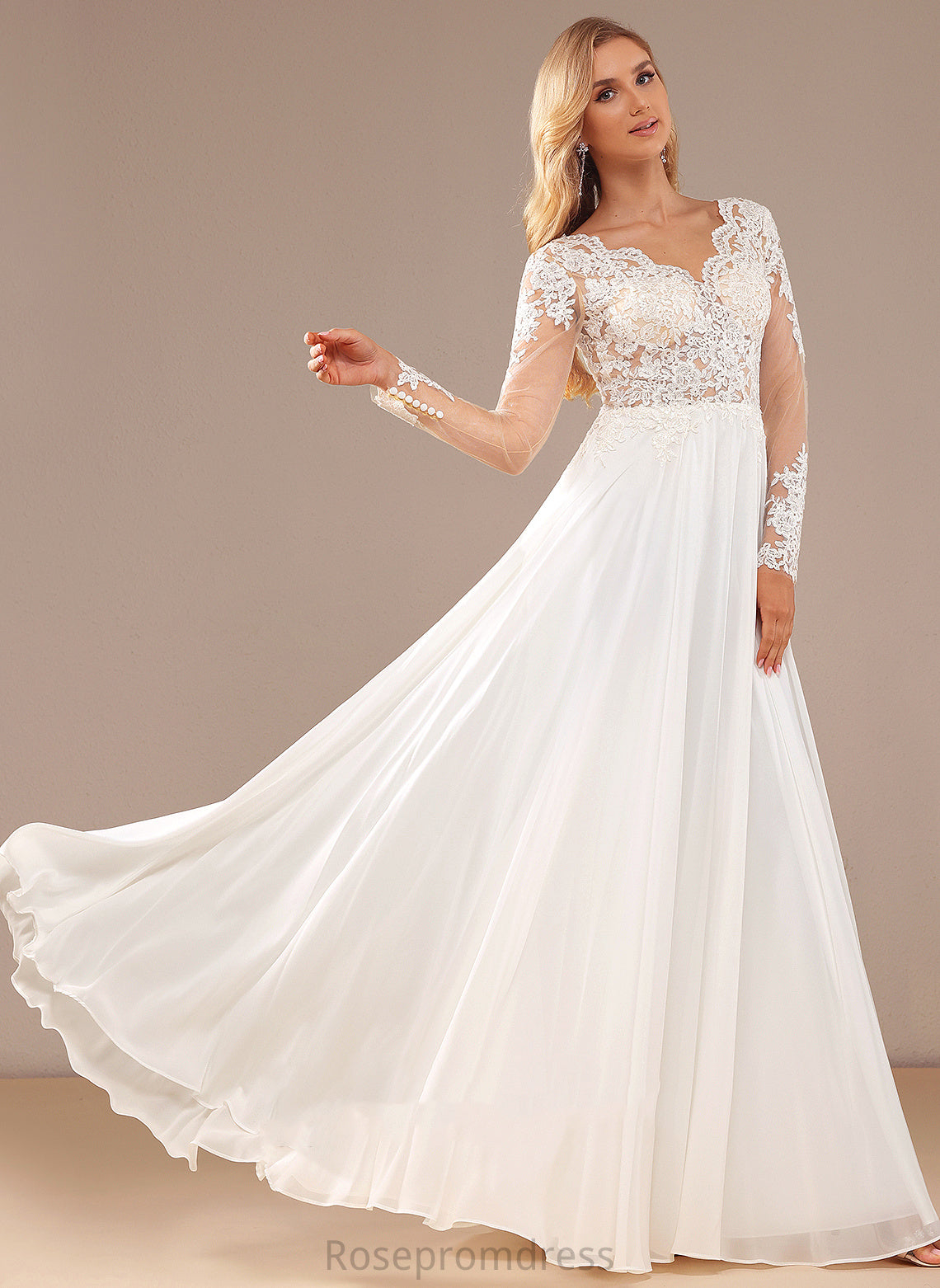 A-Line Wedding Dresses With Sequins Wedding V-neck Lace Lace Chiffon Floor-Length Dress Adrienne