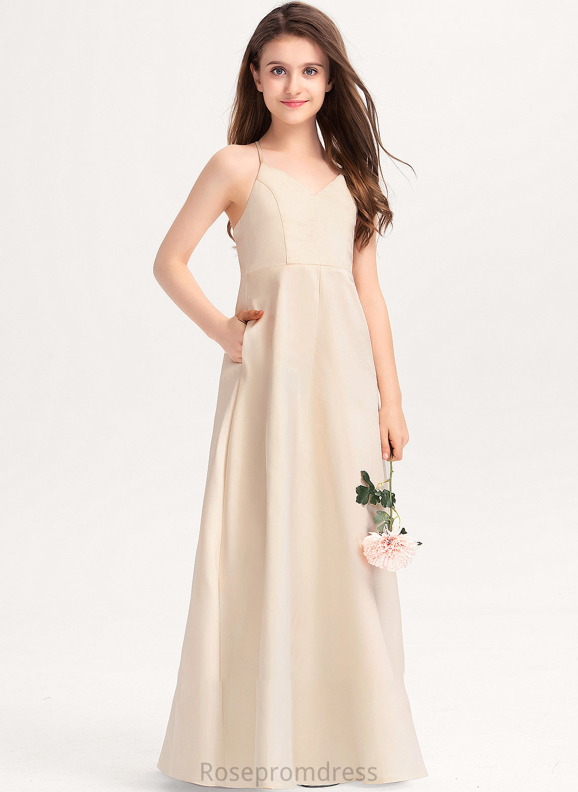 Madison With Floor-Length V-neck Pockets Junior Bridesmaid Dresses A-Line Satin