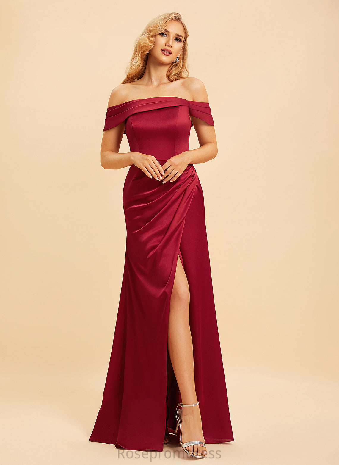 Silhouette A-Line SplitFront Neckline Off-the-Shoulder Embellishment Floor-Length Fabric Length Monica Bridesmaid Dresses