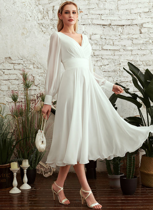 Tea-Length Kiley Wedding A-Line Chiffon Wedding Dresses V-neck Dress