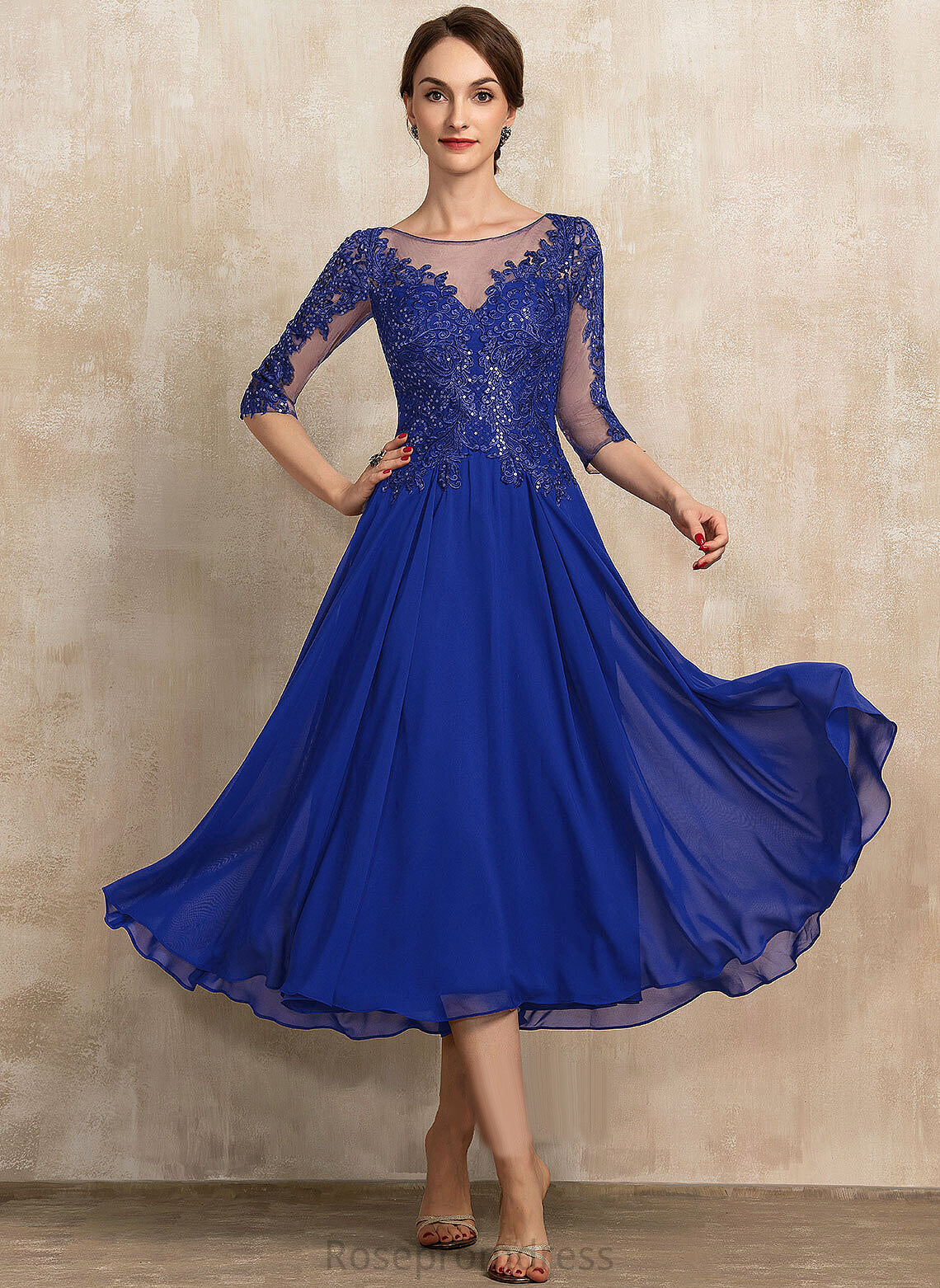 of Scoop Mother the Tea-Length A-Line Lace Chiffon Dress Neck Sequins Bride Felicity Mother of the Bride Dresses With