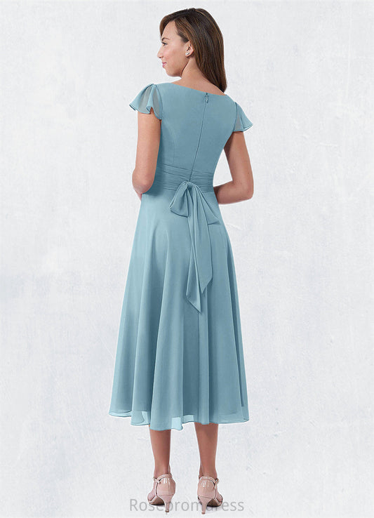 Paisley A-Line Bow Chiffon Tea-Length Junior Bridesmaid Dress SRSP0019974