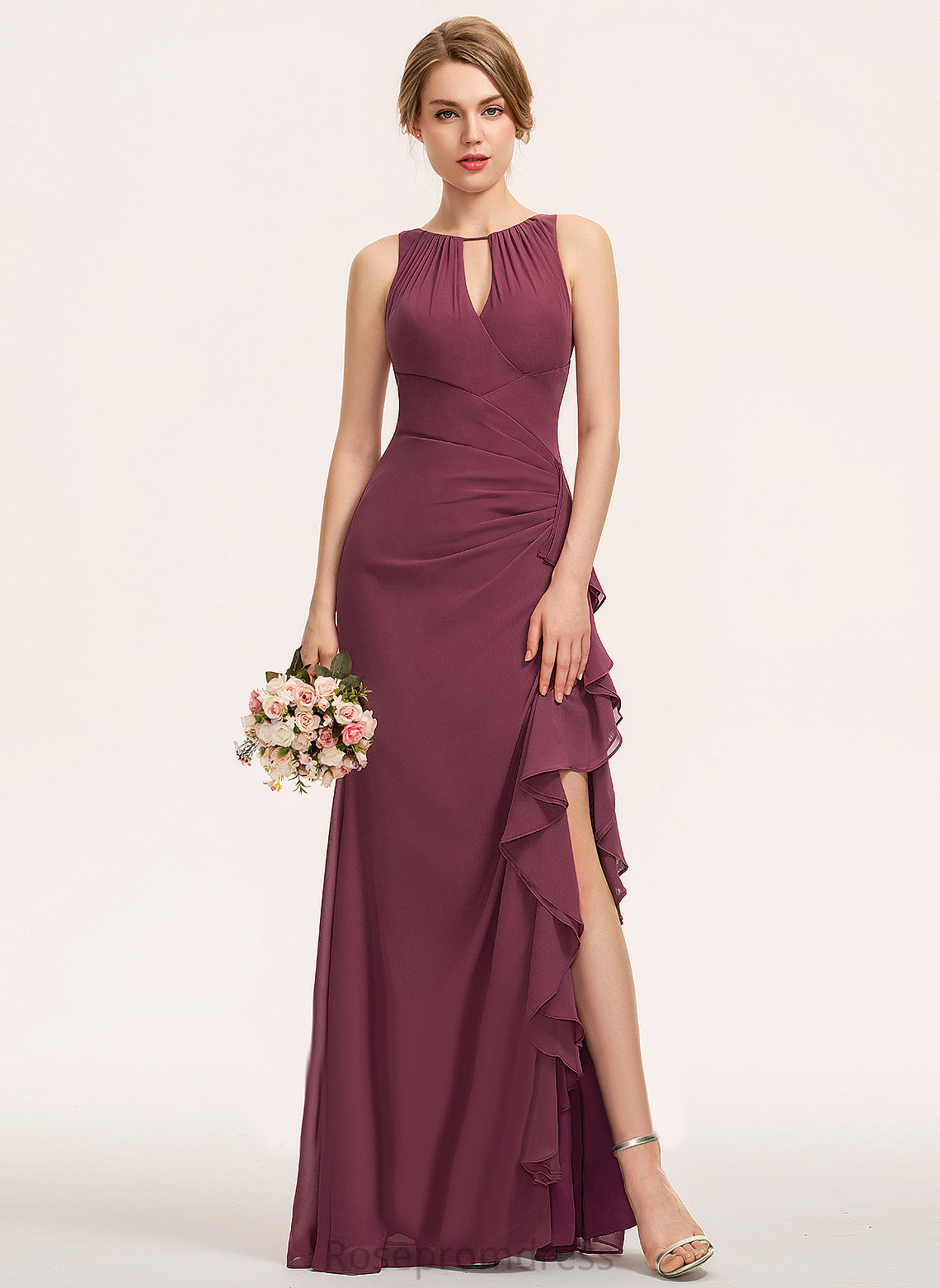 Silhouette Neckline Scoop Length Sheath/Column Fabric Floor-Length Embellishment CascadingRuffles Roselyn Floor Length Sleeveless Bridesmaid Dresses