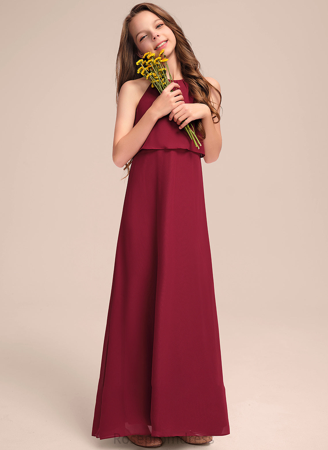 Chiffon Scoop A-Line Ruffles Floor-Length Kaydence Junior Bridesmaid Dresses With Neck