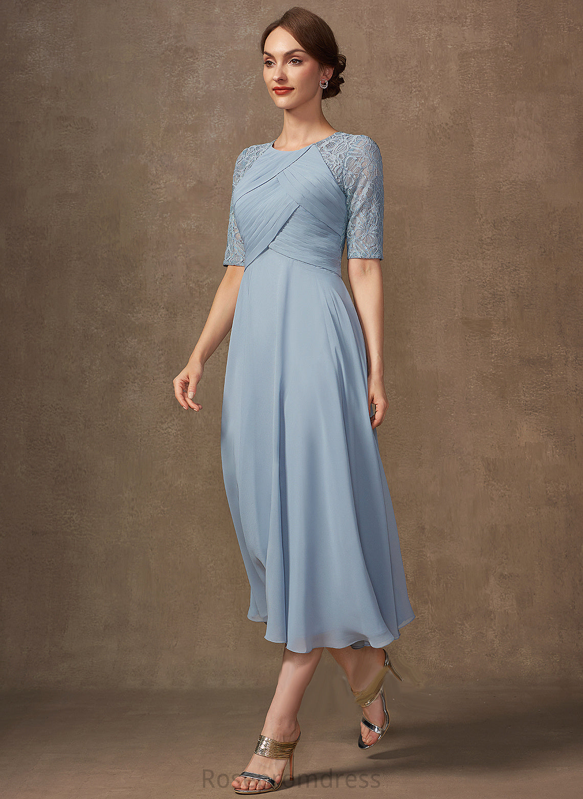 Dress Chiffon Mother Tea-Length A-Line Lace With Mother of the Bride Dresses the of Scoop Neck Mylie Bride Ruffle