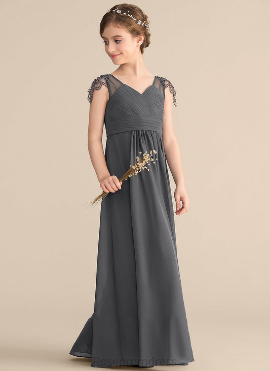 Floor-Length Beading Chiffon Junior Bridesmaid Dresses Hope Ruffle With V-neck A-Line