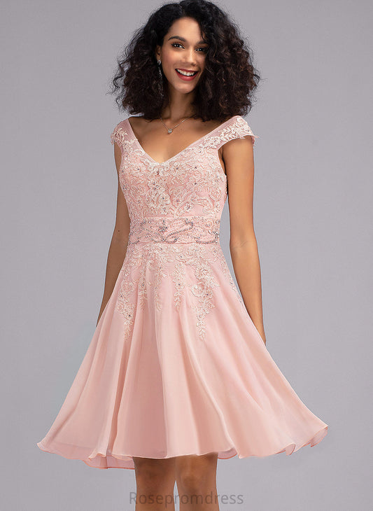 Homecoming Knee-Length Chiffon Maud With A-Line Homecoming Dresses Beading Lace V-neck Dress