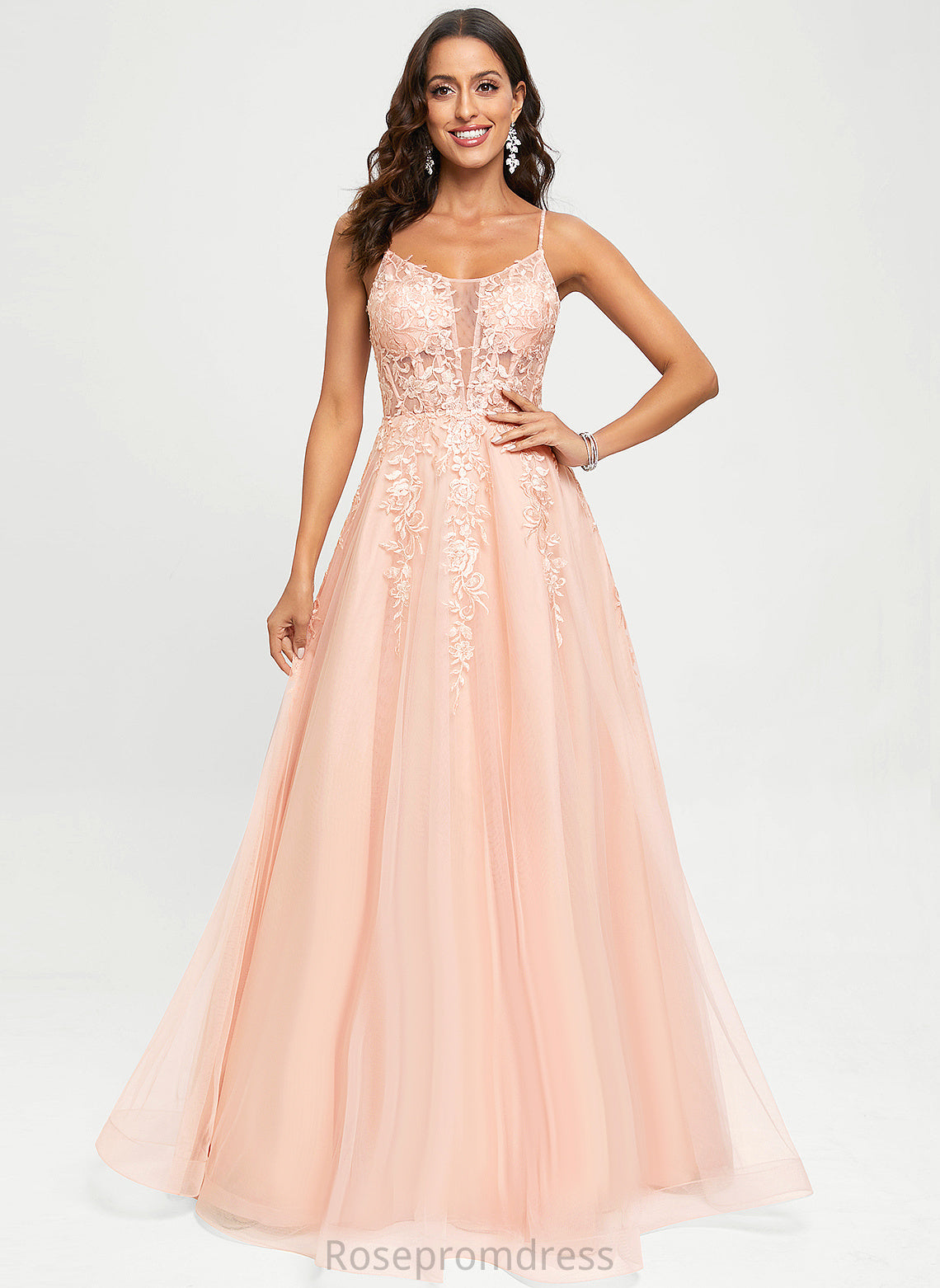 Lena With Scoop Floor-Length Prom Dresses Tulle A-Line Sequins Lace