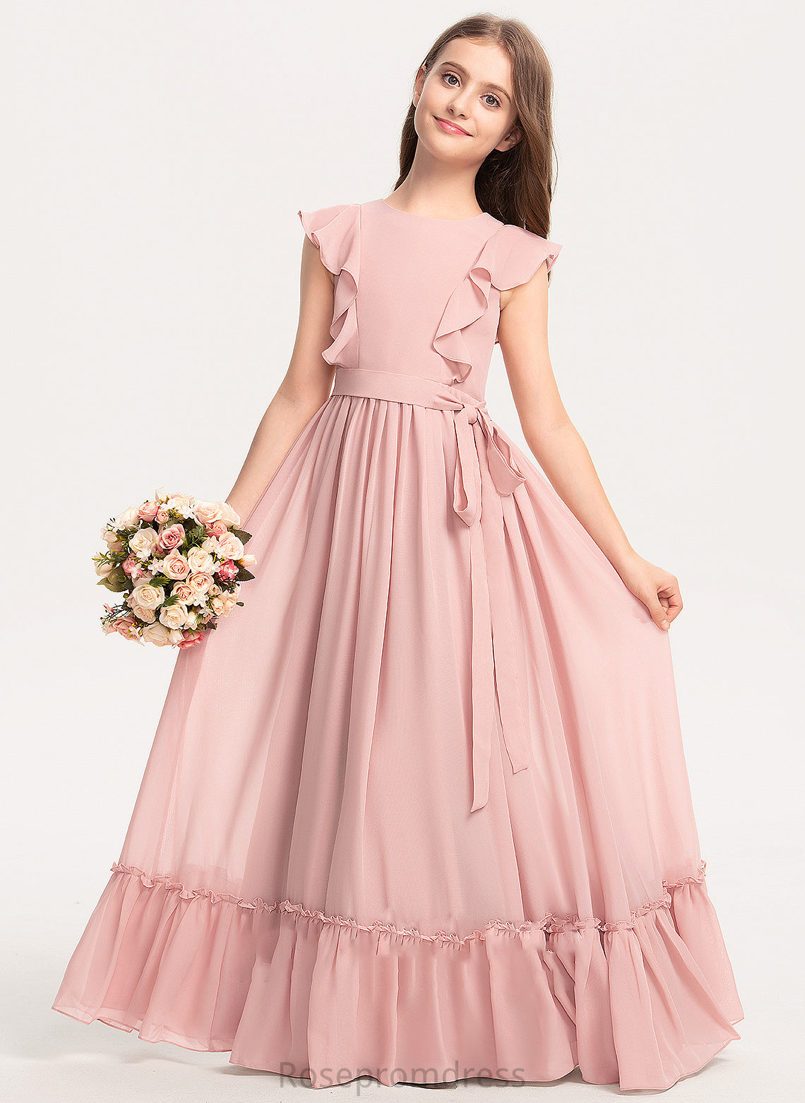 Jean Floor-Length With Scoop A-Line Chiffon Cascading Bow(s) Neck Junior Bridesmaid Dresses Ruffles