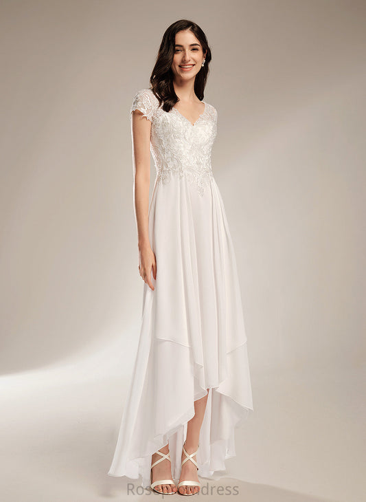 V-neck Chiffon Asymmetrical Wedding Dresses Claudia A-Line Wedding Lace Dress