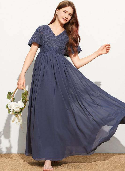 Lace Maci Junior Bridesmaid Dresses V-neck Chiffon Floor-Length With Bow(s) A-Line