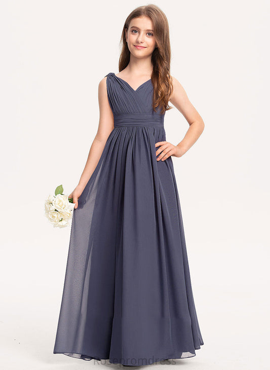 With A-Line Floor-Length V-neck Ruffle Junior Bridesmaid Dresses Chiffon Ashanti