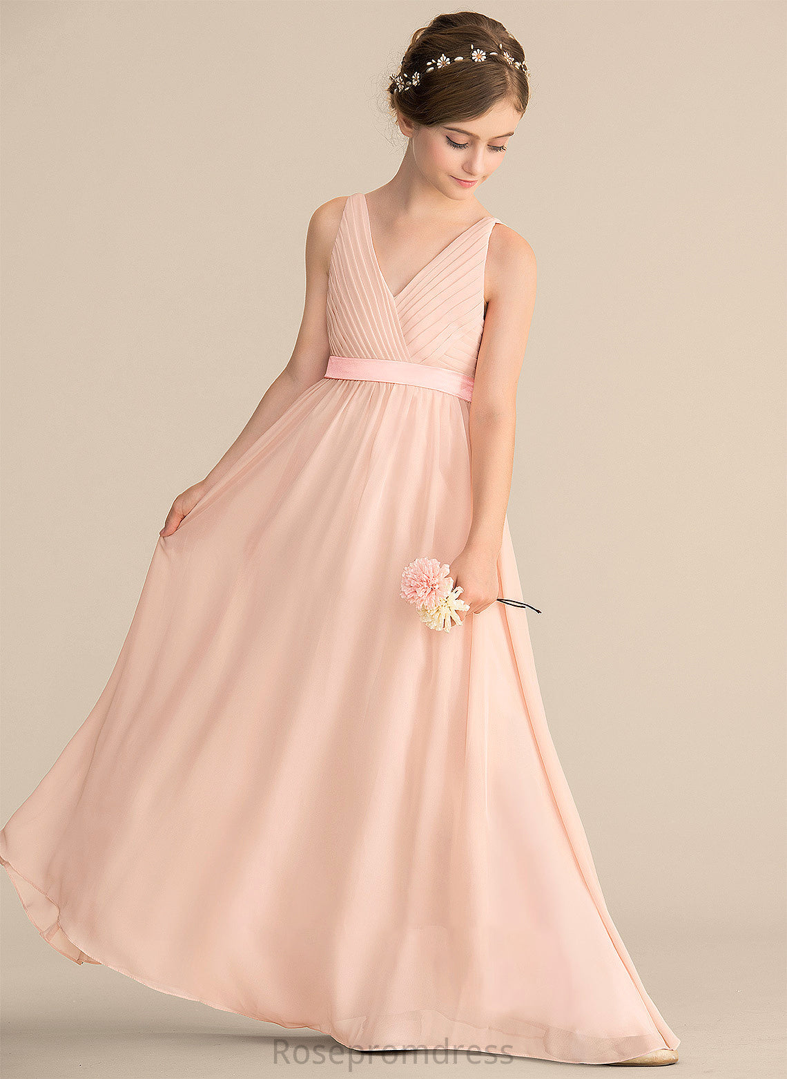 Ruby Floor-Length Junior Bridesmaid Dresses V-neck Chiffon Ruffle With Bow(s) A-Line