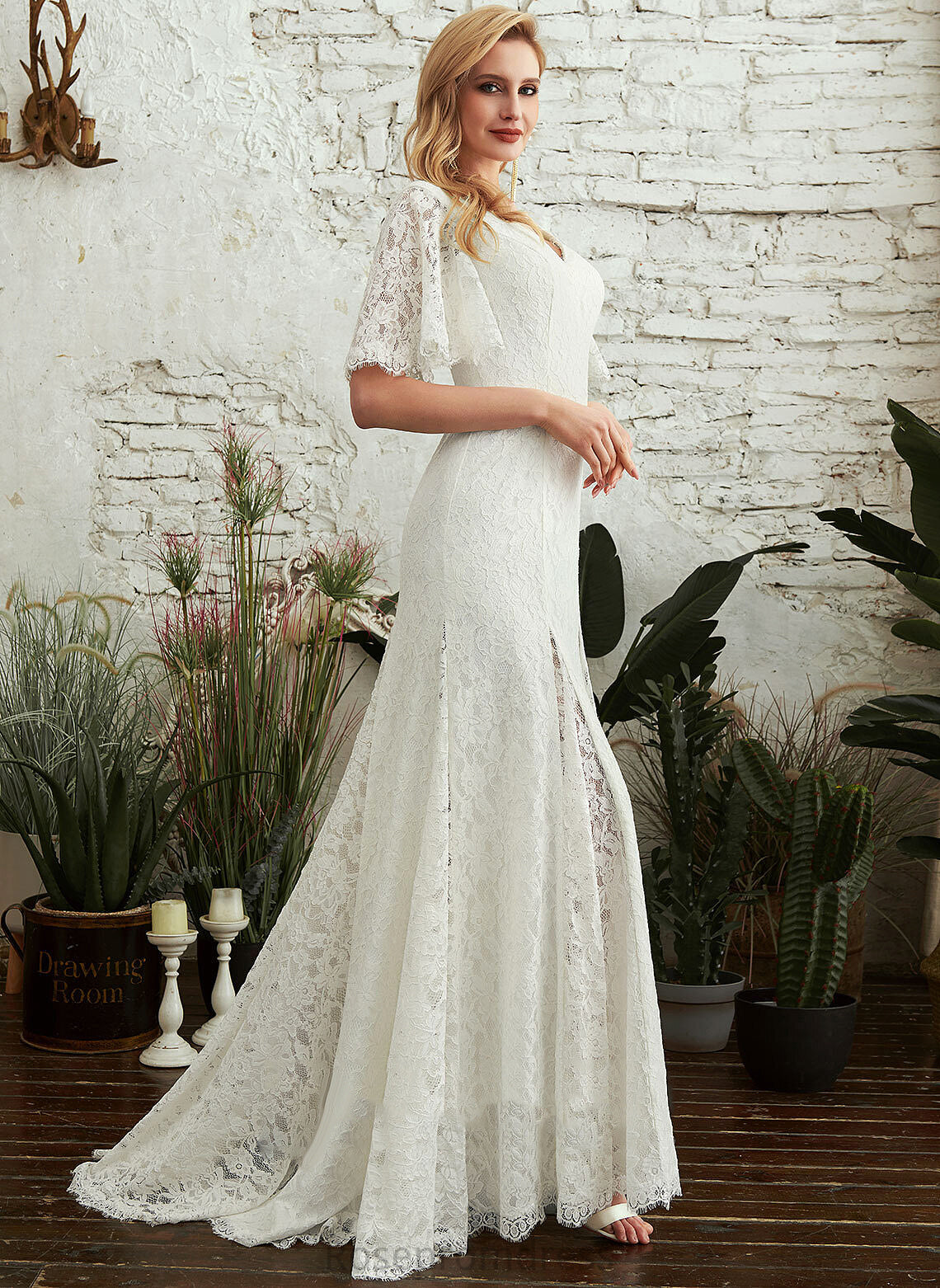 Split Train With Dress Front Lace Wedding V-neck Sweep Sheath/Column Wedding Dresses Glenda