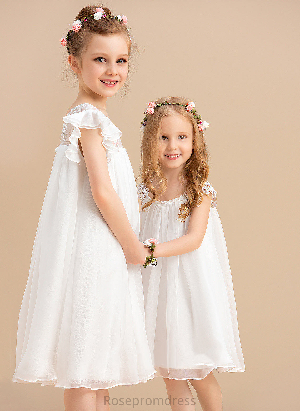 Sleeves Dress Flower Girl Dresses Girl With Scoop Chiffon A-Line - Short Neck Knee-length Nataly Flower Lace