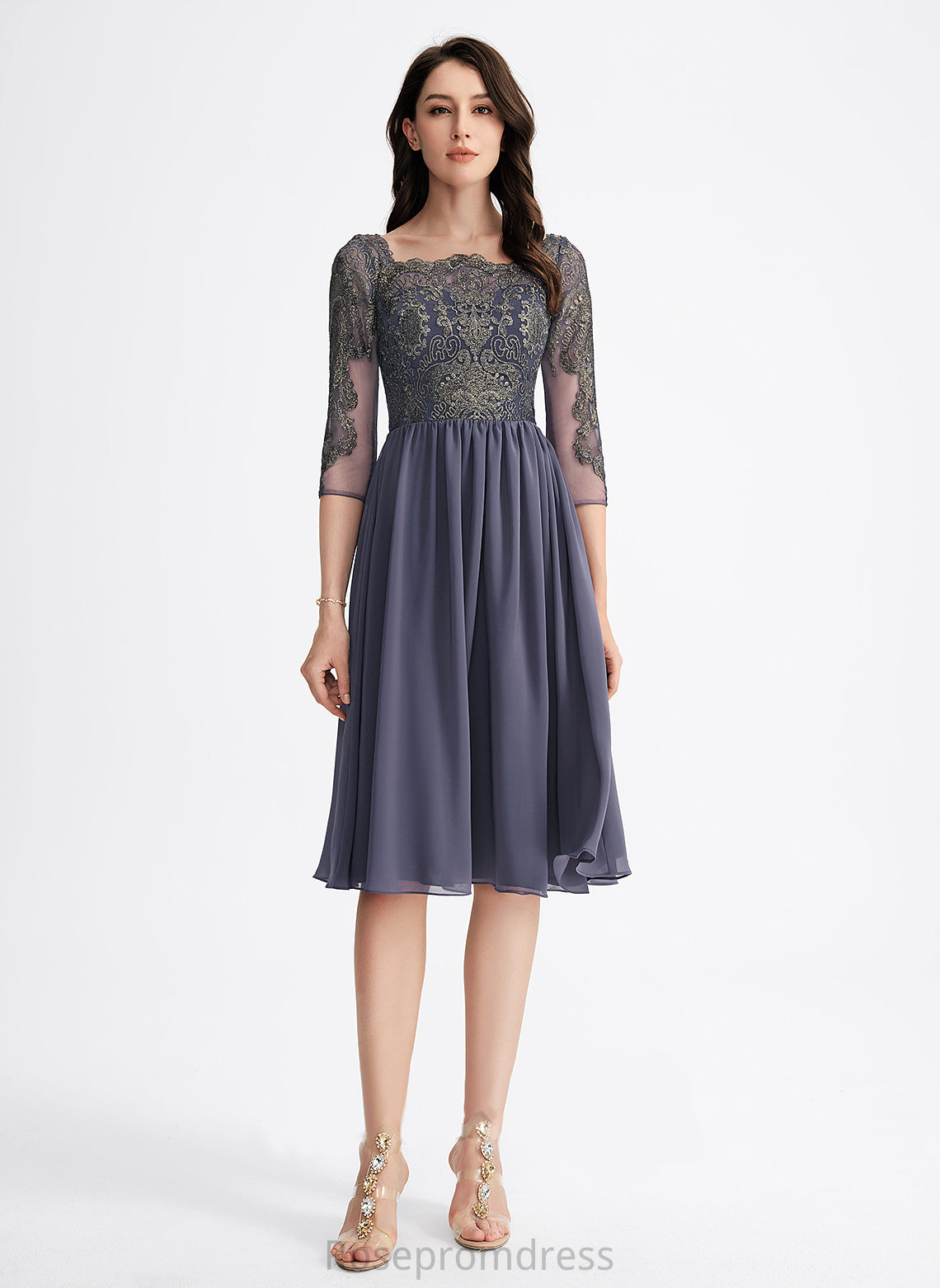 Bryanna With Square Lace Knee-Length Lace Cocktail Neckline Chiffon Dress A-Line Cocktail Dresses