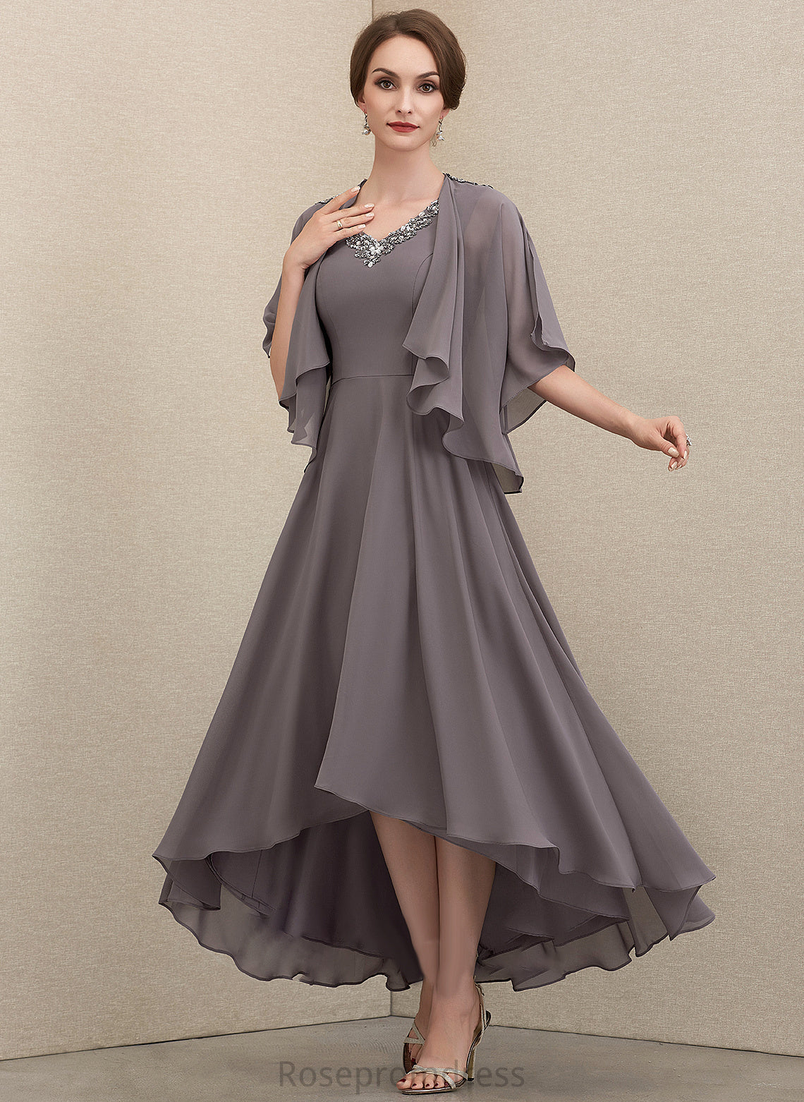 With of A-Line Mother Bride the V-neck Mother of the Bride Dresses Chiffon Dress Asymmetrical Sequins Beading Parker