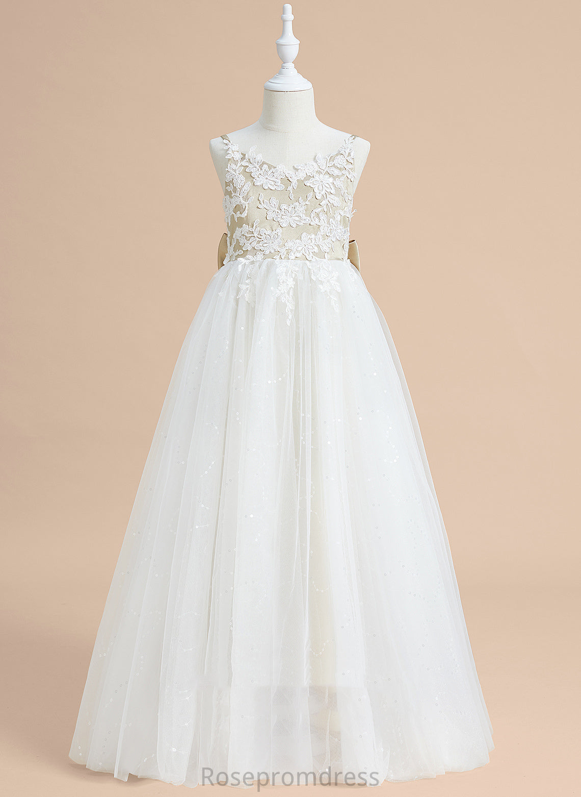 V-neck Flower Girl Dresses Ball-Gown/Princess Girl - Lace/Bow(s) Sleeveless Dana Satin/Tulle Floor-length Dress With Flower