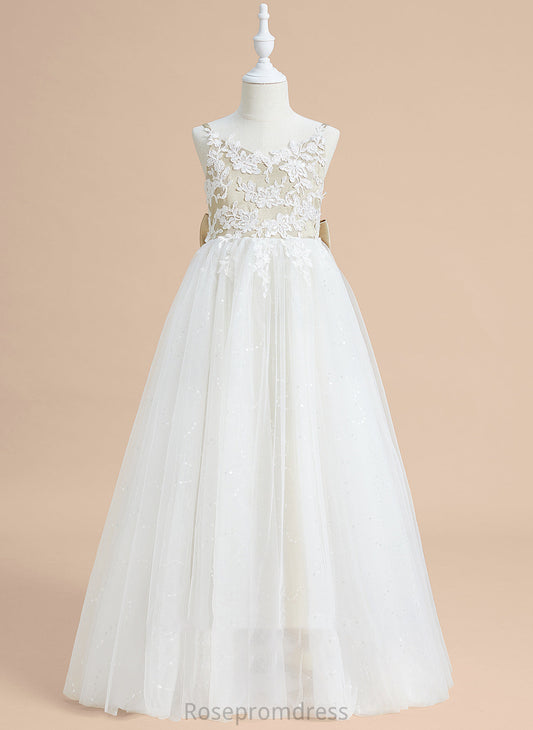 V-neck Flower Girl Dresses Ball-Gown/Princess Girl - Lace/Bow(s) Sleeveless Dana Satin/Tulle Floor-length Dress With Flower