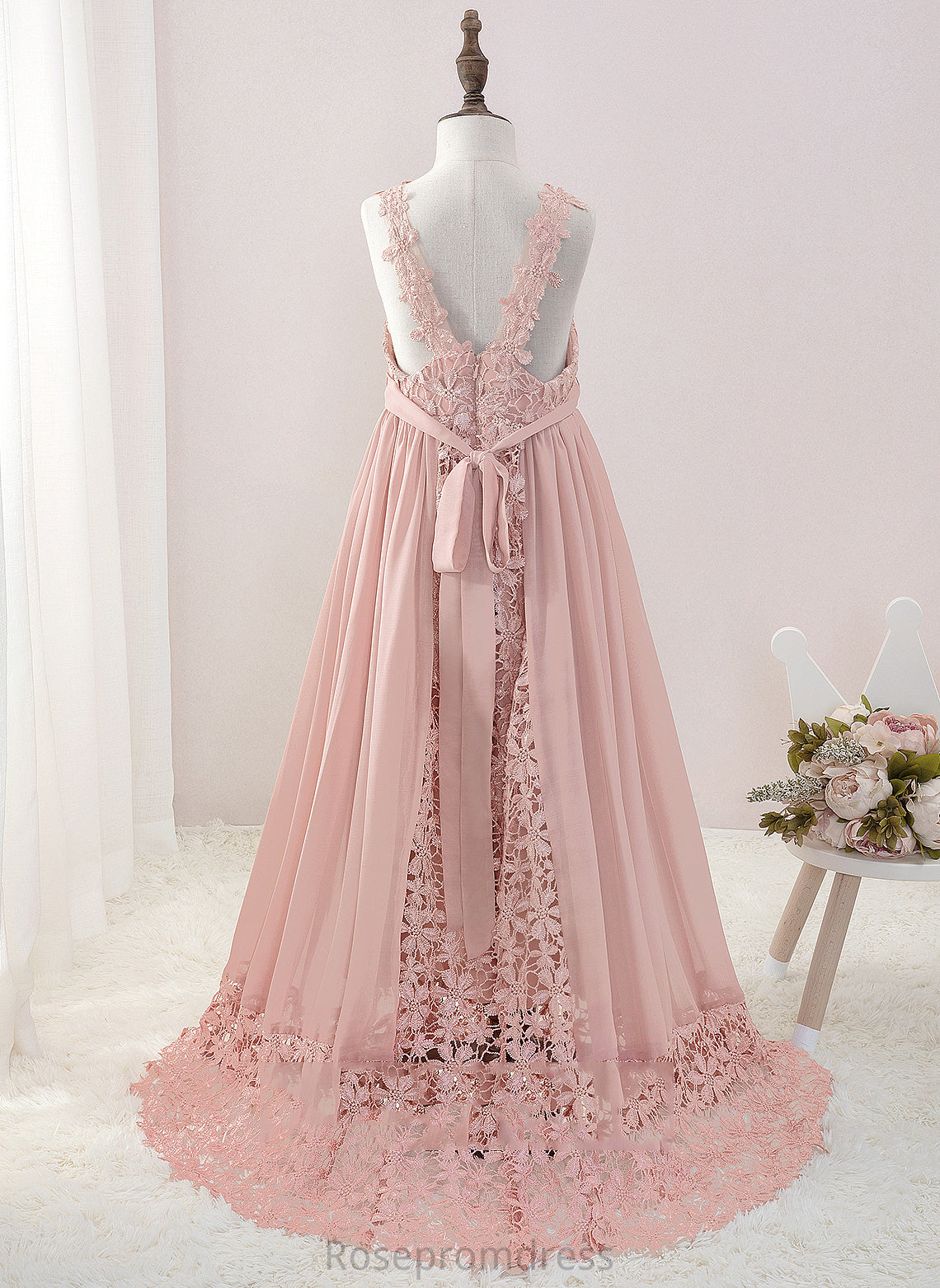 With Flower Girl Dresses Isla A-Line Flower V-neck Floor-length Dress Sleeveless Beading - Chiffon/Lace Girl