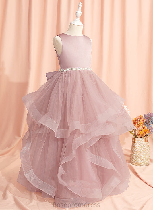 Floor-length Back Dress Ball-Gown/Princess - Girl Flower Flower Girl Dresses Neck Tulle Beading/Bow(s)/V Sleeveless Scoop With Myla