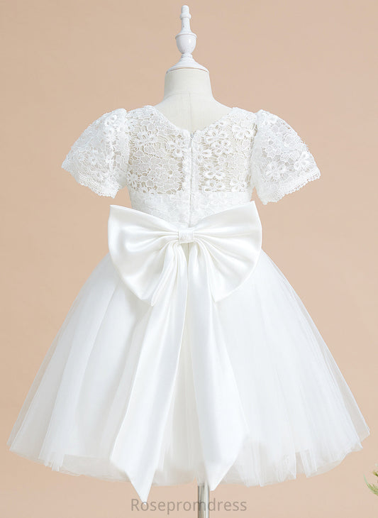 Short Anastasia Girl Tulle/Lace Dress Flower Bow(s) With A-Line Knee-length Scoop Sleeves Neck Flower Girl Dresses