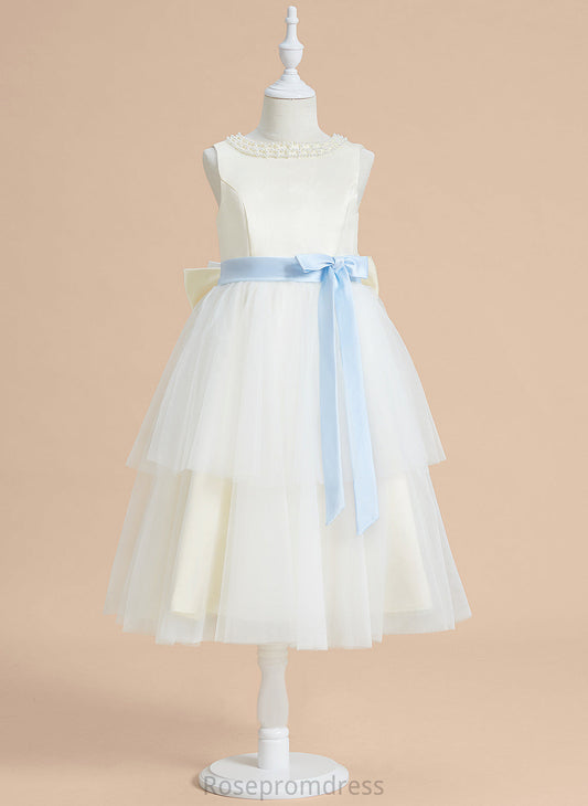 Scoop With A-Line Tea-length Satin/Tulle Sleeveless - Flower Neck Sash/Beading/Bow(s) Flower Girl Dresses Dress Miya Girl