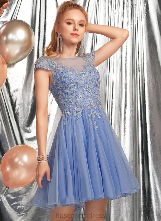 A-Line Neck Scoop Kira Short/Mini Beading Dress Tulle With Appliques Homecoming Lace Homecoming Dresses Lace