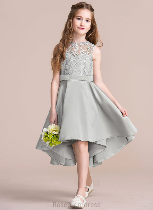 Junior Bridesmaid Dresses Neck Scoop Satin Asymmetrical Angelina A-Line