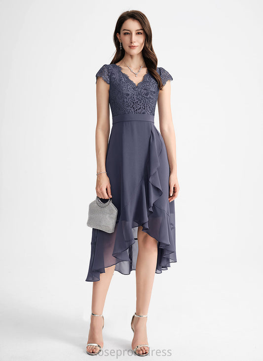 V-neck Cascading Lace Chiffon Dress Asymmetrical With Rose Cocktail Dresses Ruffles A-Line Cocktail