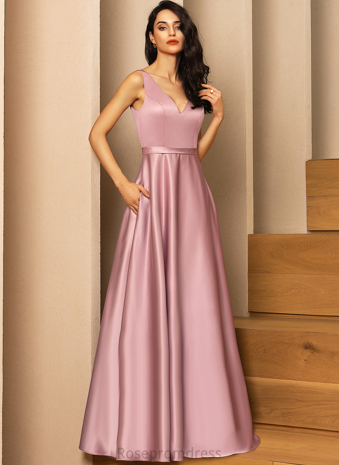 Straps&Sleeves Fabric V-neck Silhouette Floor-Length A-Line Length Neckline Satin Mira Bridesmaid Dresses