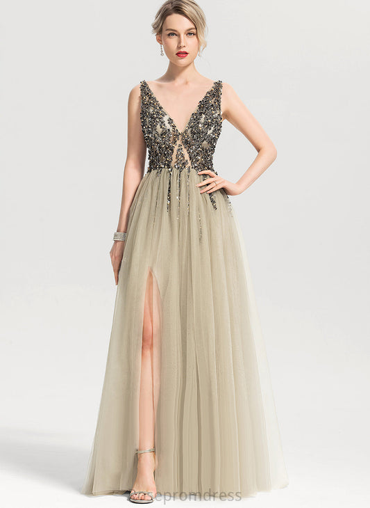 Beading V-neck Sequins Meadow A-Line Floor-Length With Prom Dresses Tulle