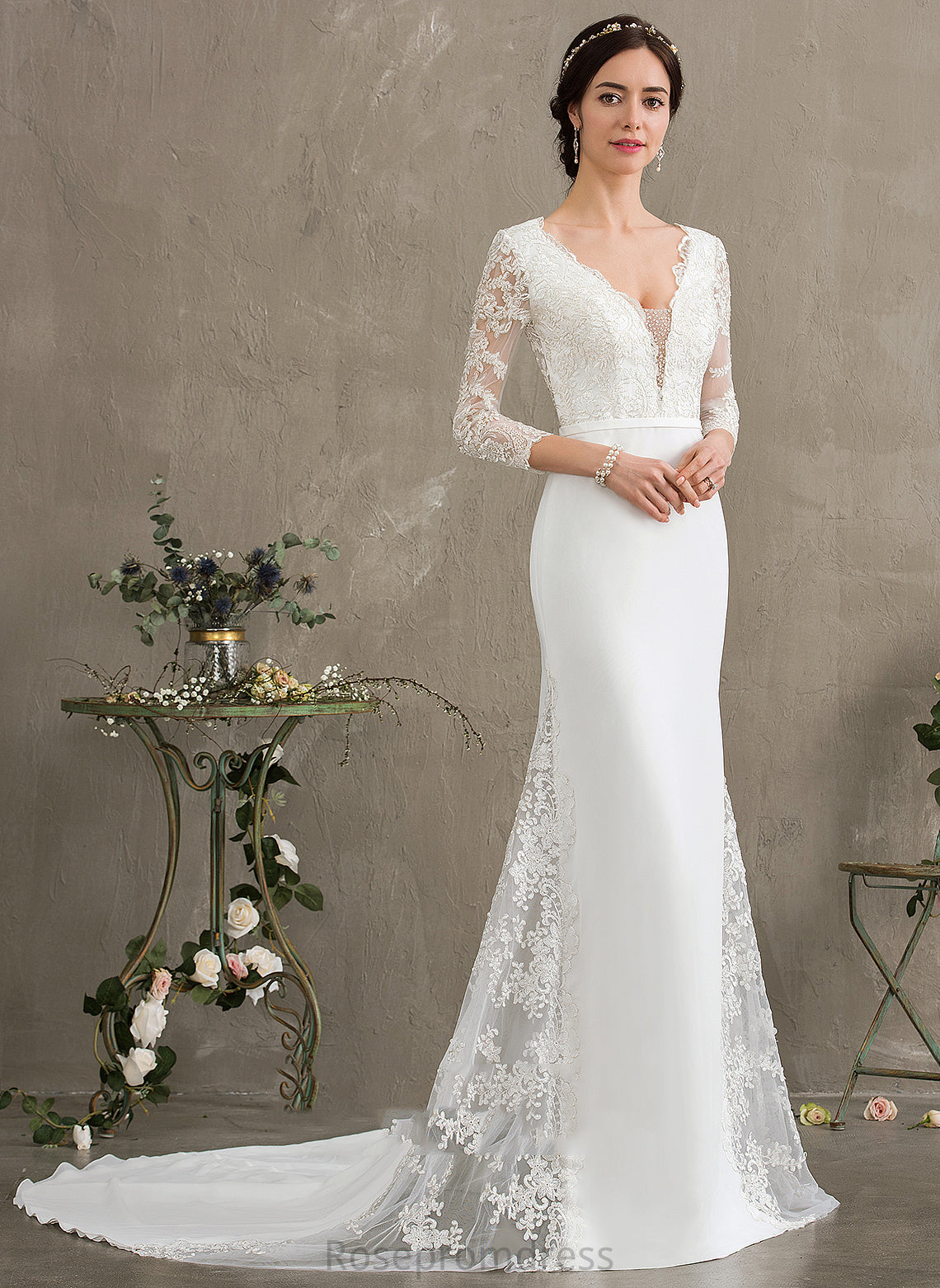 Trumpet/Mermaid Beading Sequins Lace Wedding Wedding Dresses Train Dominique Dress Chapel With Chiffon V-neck