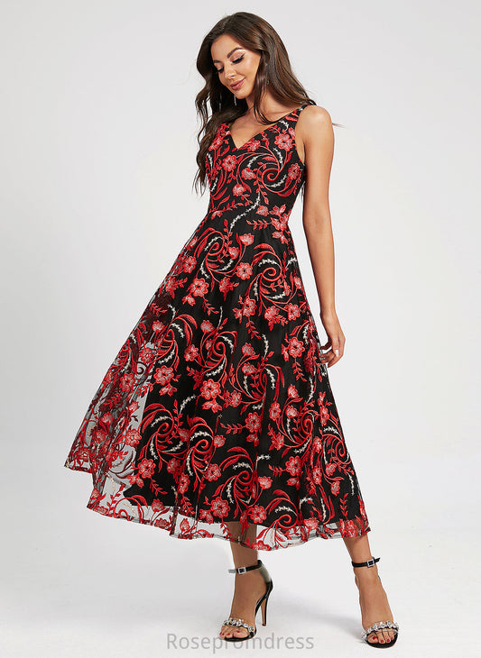 Lace Sahna Tea-Length Dress Cocktail Dresses Flower(s) V-neck A-Line Cocktail With Lace