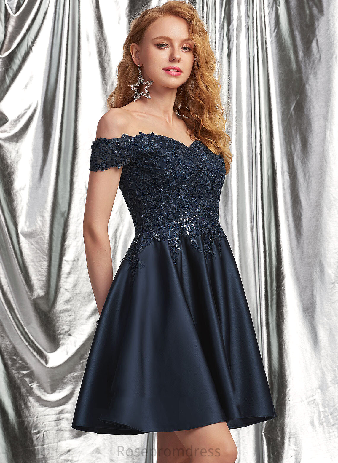 A-Line Kinley Satin Off-the-Shoulder Homecoming Dresses Homecoming With Lace Short/Mini Dress