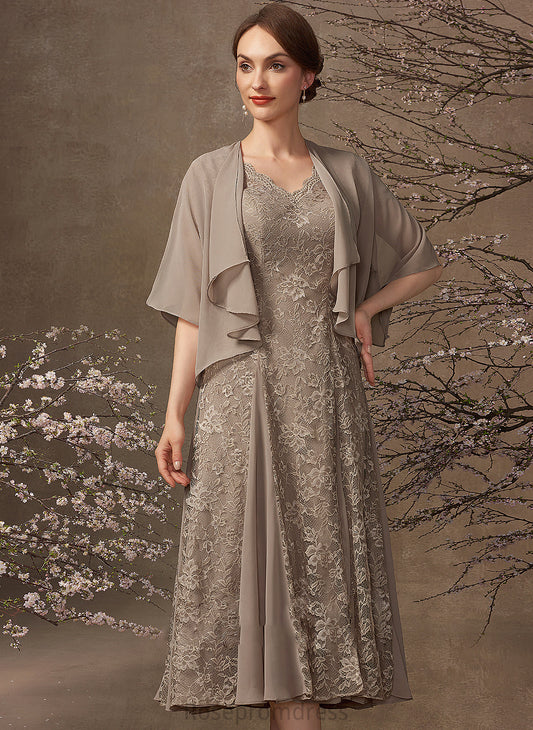 Chiffon A-Line Lace Mother Lilly the Dress of Bride Tea-Length V-neck Mother of the Bride Dresses