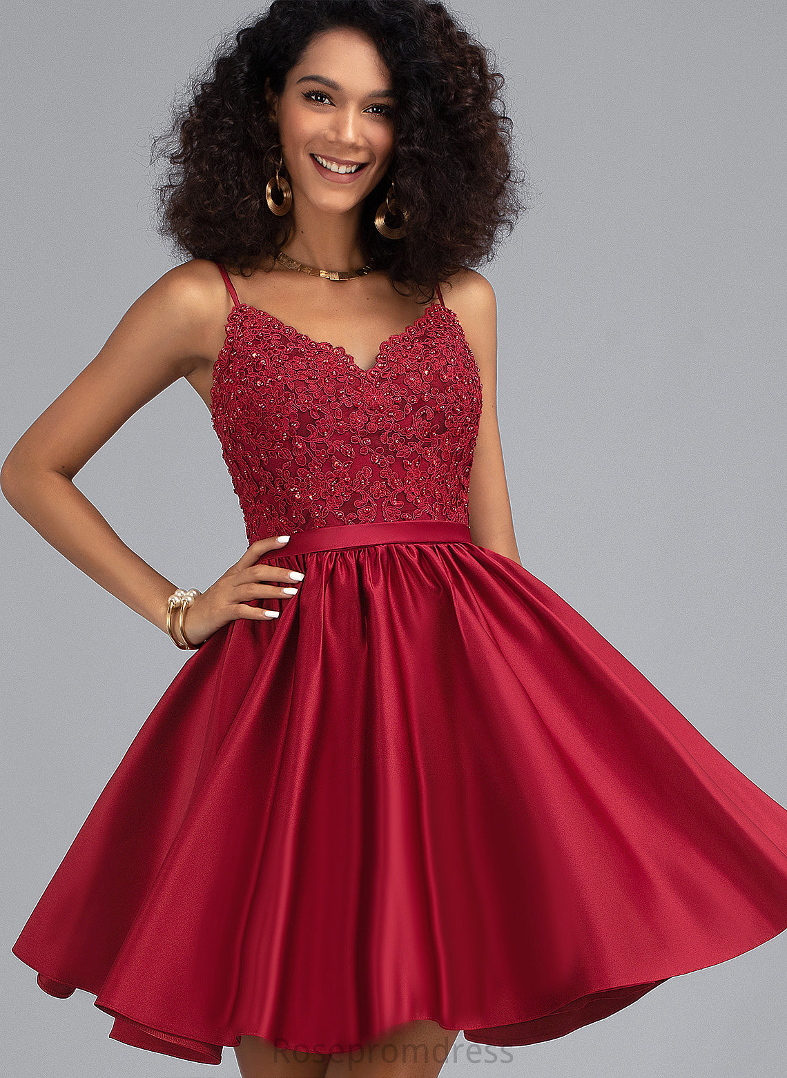 Short/Mini A-Line Prom Dresses With Alexus V-neck Beading Lace Satin