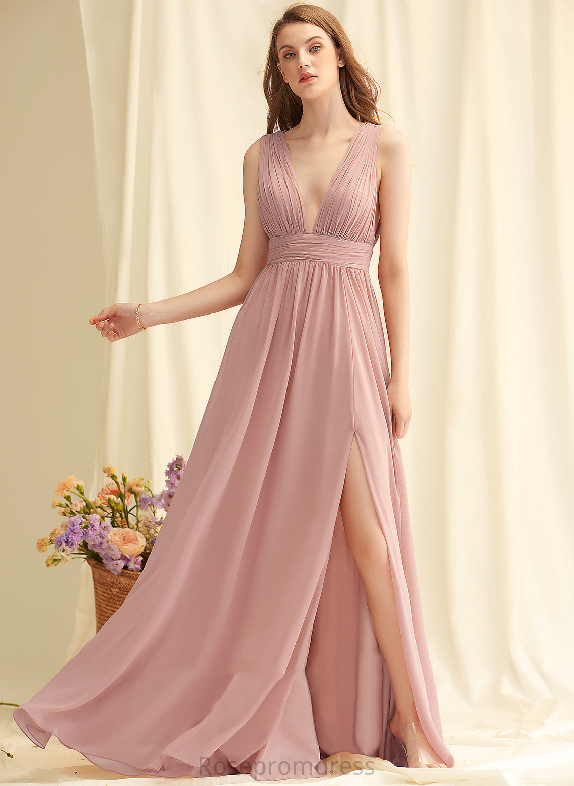 Straps&Sleeves Length V-neck Fabric Neckline Silhouette Floor-Length A-Line Polly Bridesmaid Dresses